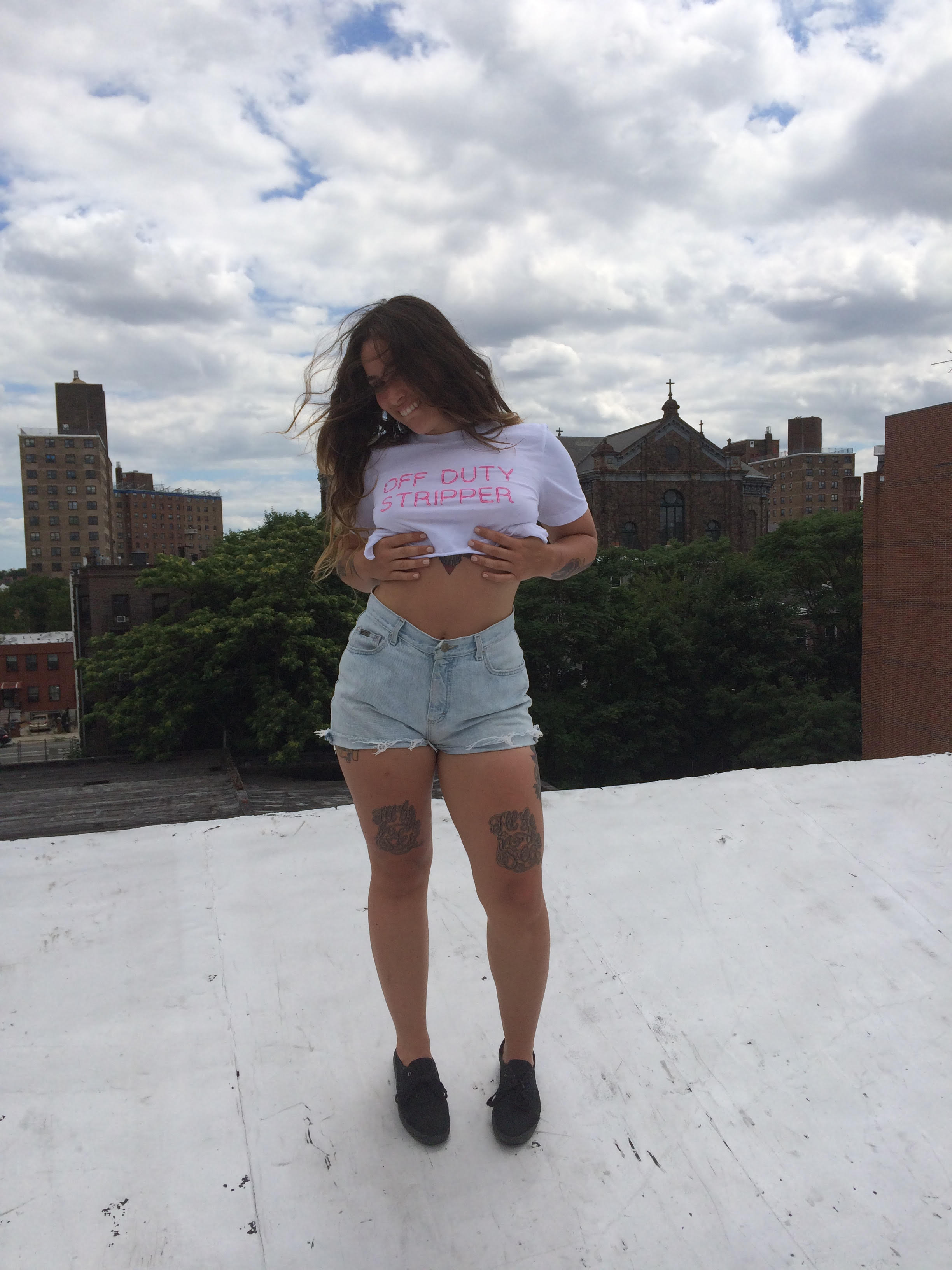 Off Duty Stripper Rodeo looking' fly as fuck in the ODS T in size small, which she snipped into a delightful crop top. 