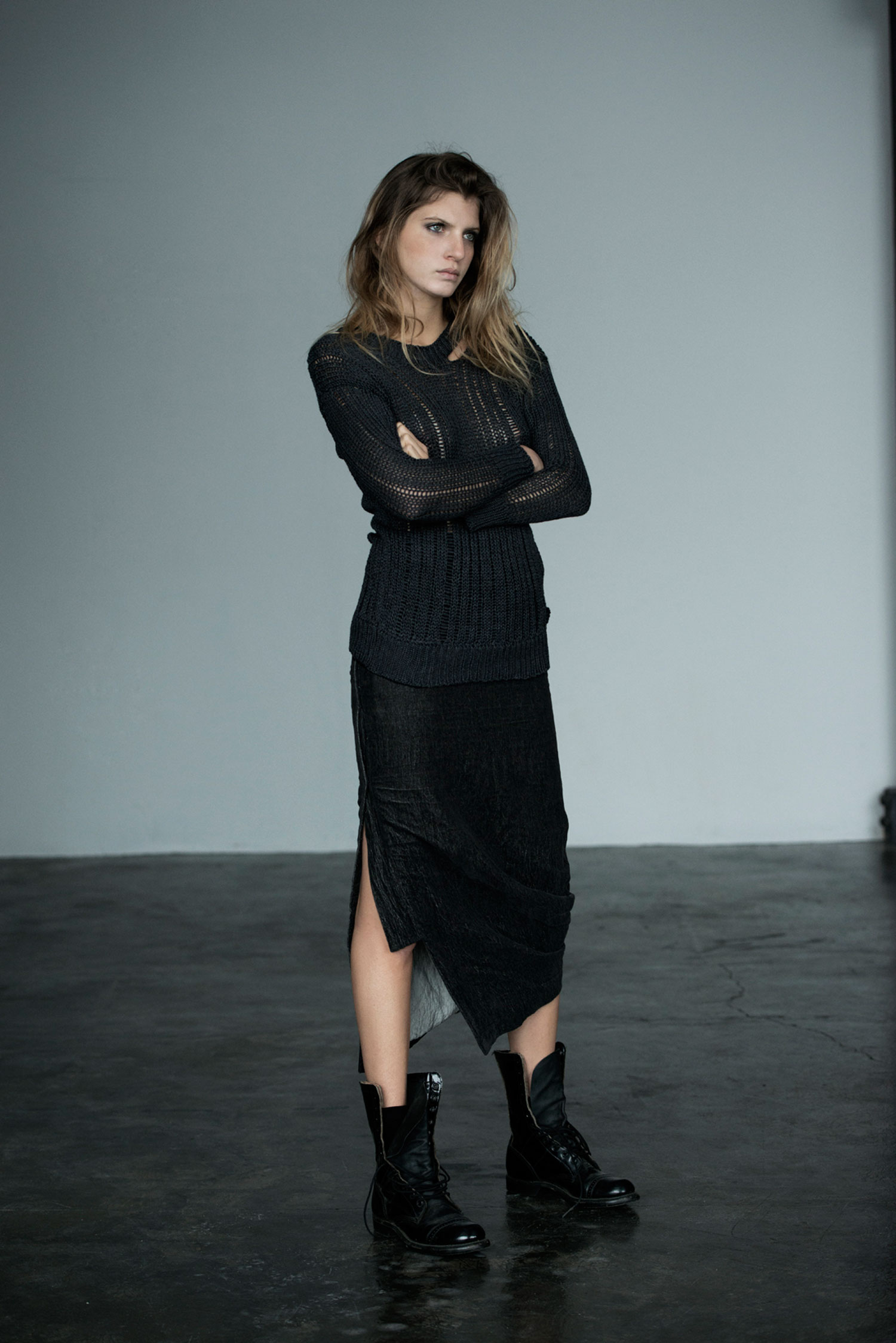 POTTER COLLECTION A/W 15 Steele Sweater Drop Needle Sweater with Deconstructed Neck and Hemlines 100% Merino Wool