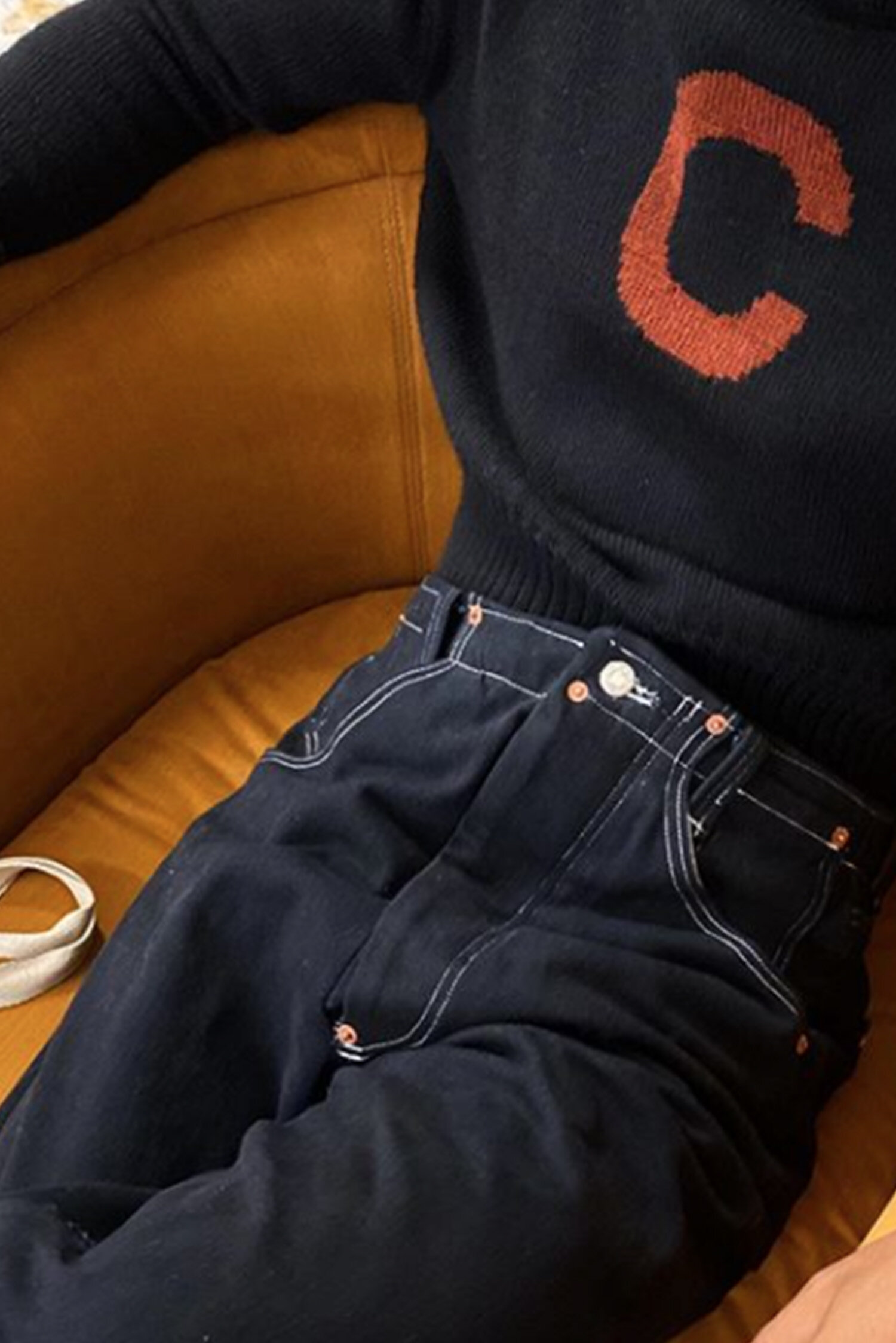 Connor McNight A/W 20/21 Varsity Sweater High rib blouson sweater with intarsia logo, striped cuff and mock neck. 100% Merino Wool