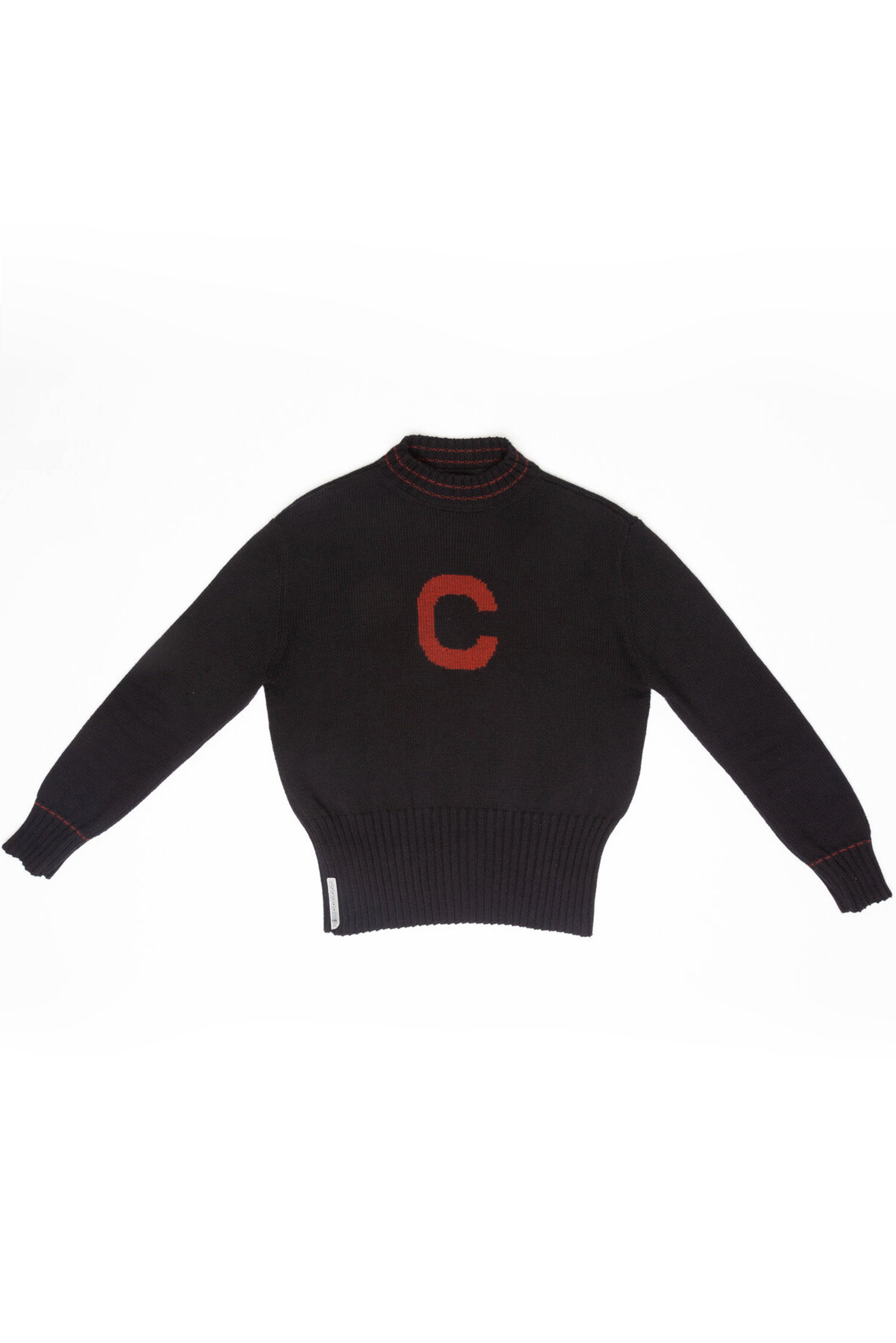 Connor McNight A/W 20/21 Varsity Sweater High rib blouson sweater with intarsia logo, striped cuff and mock neck. 100% Merino Wool
