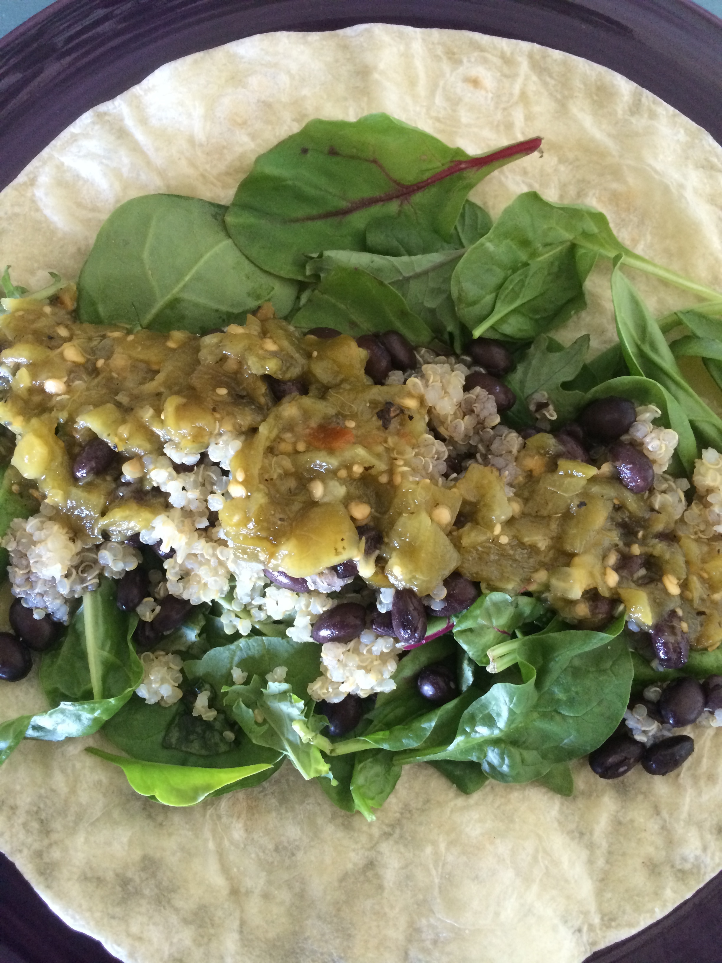Cheese; quinoa; beans; greens; salsa. Another variation is fish; cabbage; rice; beans; salsa; lime. 