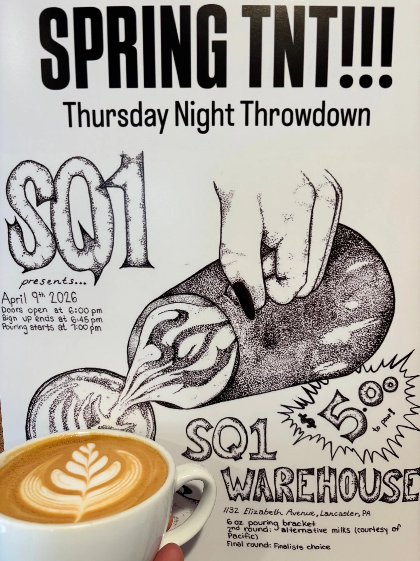 Join us TOMORROW night for another Thursday Night Throwdown at the roastery! (1132 Elizabeth Ave.) It's free to watch, $5 to pour, winner takes all!

📆 April 9 &mdash; doors at 6PM, sign-ups end at 6:45PM, pouring starts at 7PM.

Shout out to our sp
