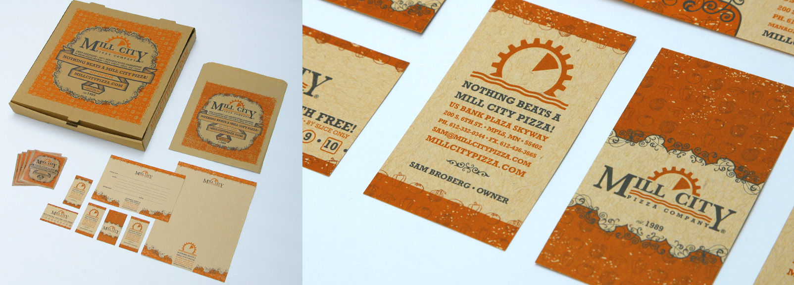 Pizza Box, To Go Bag, Stickers, Business Cards, Gift Certificate, Frequent Buyer Card, Letter Head