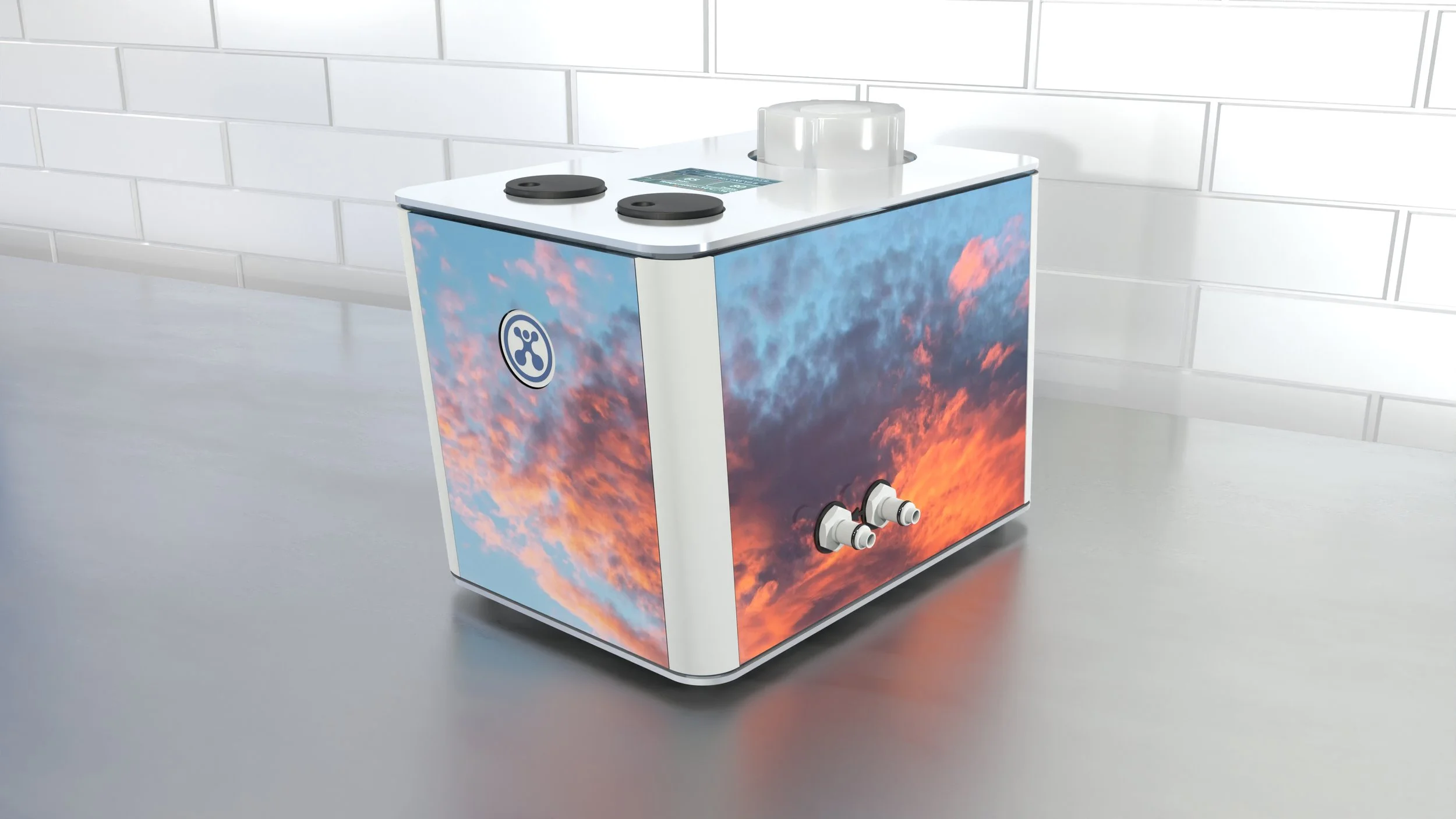 Small cooler with a sky and cloud sunset design, featuring a GE logo, two black knobs, and two spigot faucets.