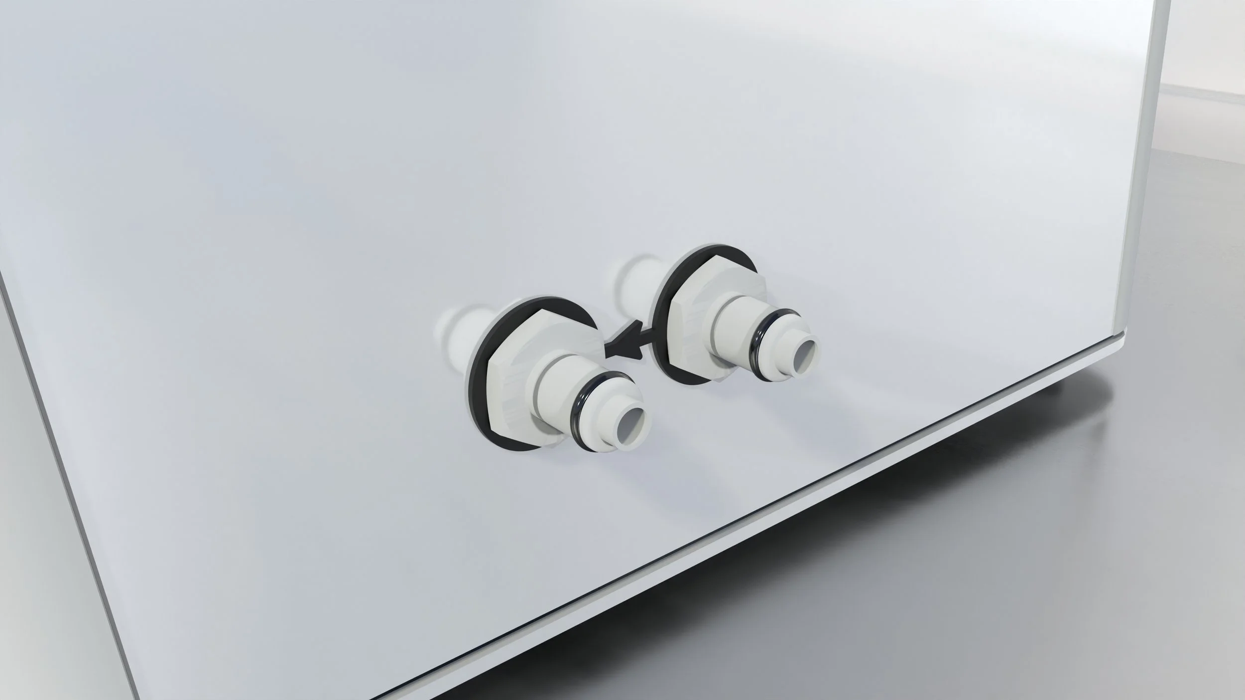 Close-up of two white PVC pipe fittings on a white appliance with a black arrow indicating twisting motion.