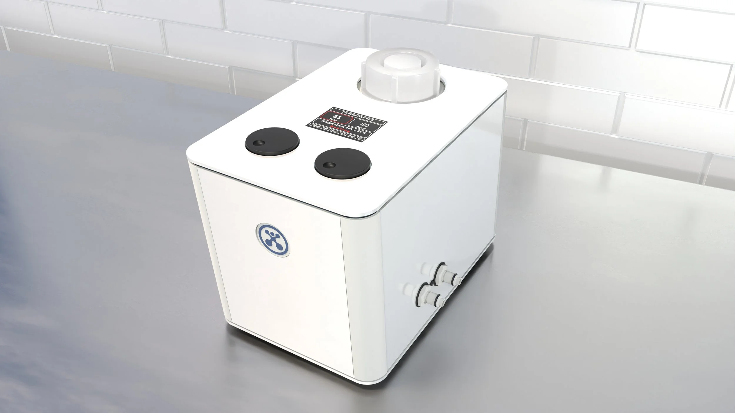 A white ultrasonic cleaner with two black rubber gaskets on top, temperature and timer controls, and a logo on the front, placed on a gray surface with a white tiled wall background.