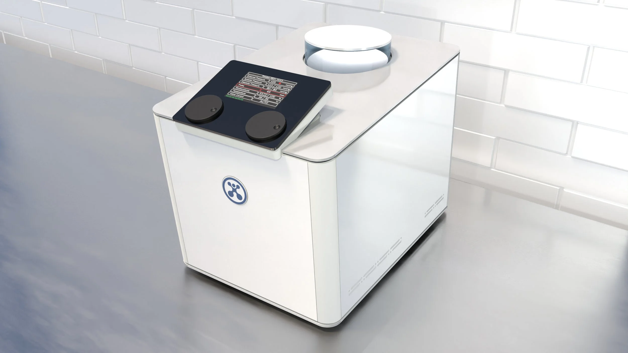 Medical laboratory instrument with digital controls and a round opening, placed on a light gray countertop near a white tiled wall.