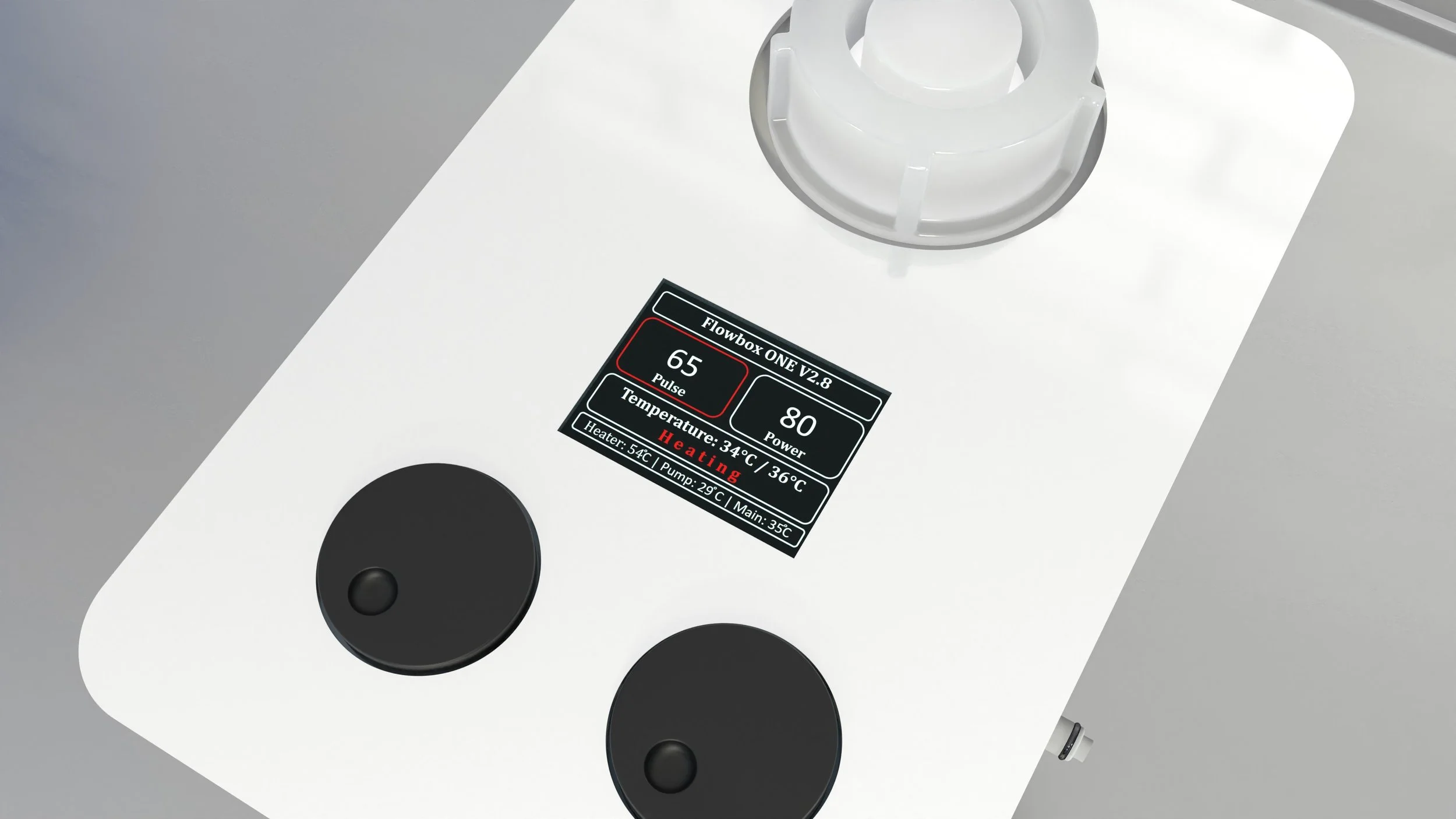 Close-up view of a medical device called Flowbox ONE V2.8, with digital display showing pulse and temperature readings, and two black circular controllers on a white surface.
