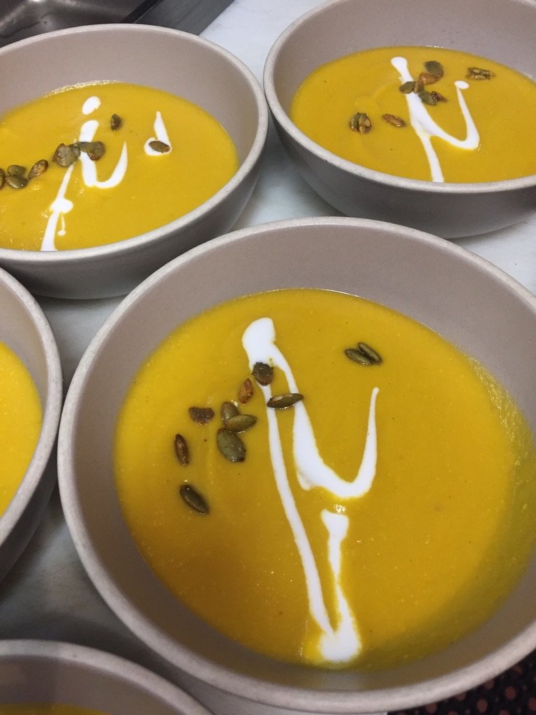 Winter squash soup, house made creme fraiche, & pepitas!