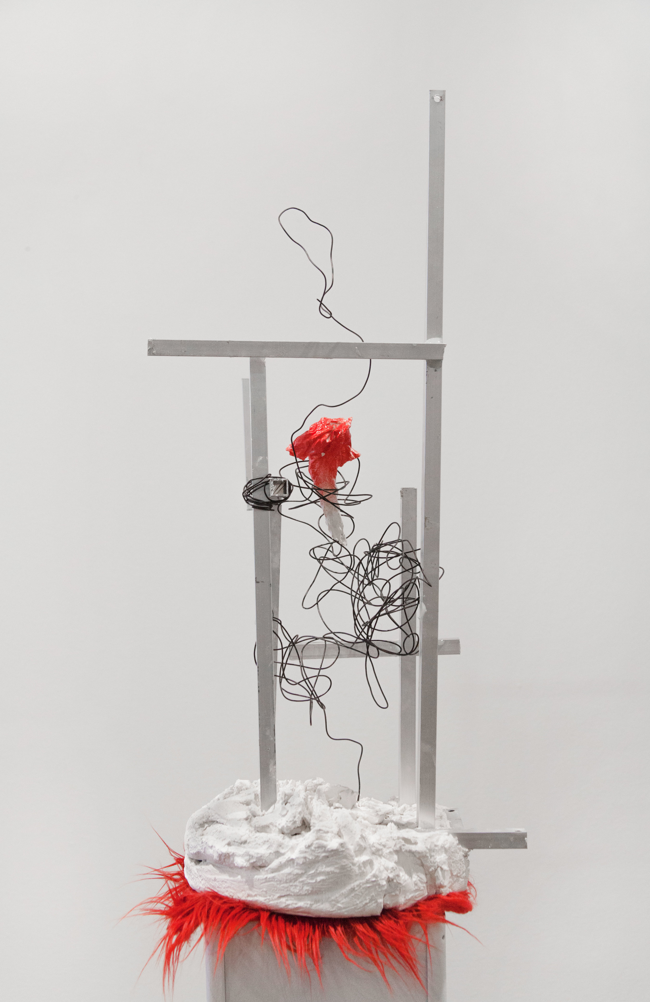 untitled, 2017, metal rods, plaster, synthetic fur & plastic plinth, Gallery 4Culture, Photo by Max Cleary