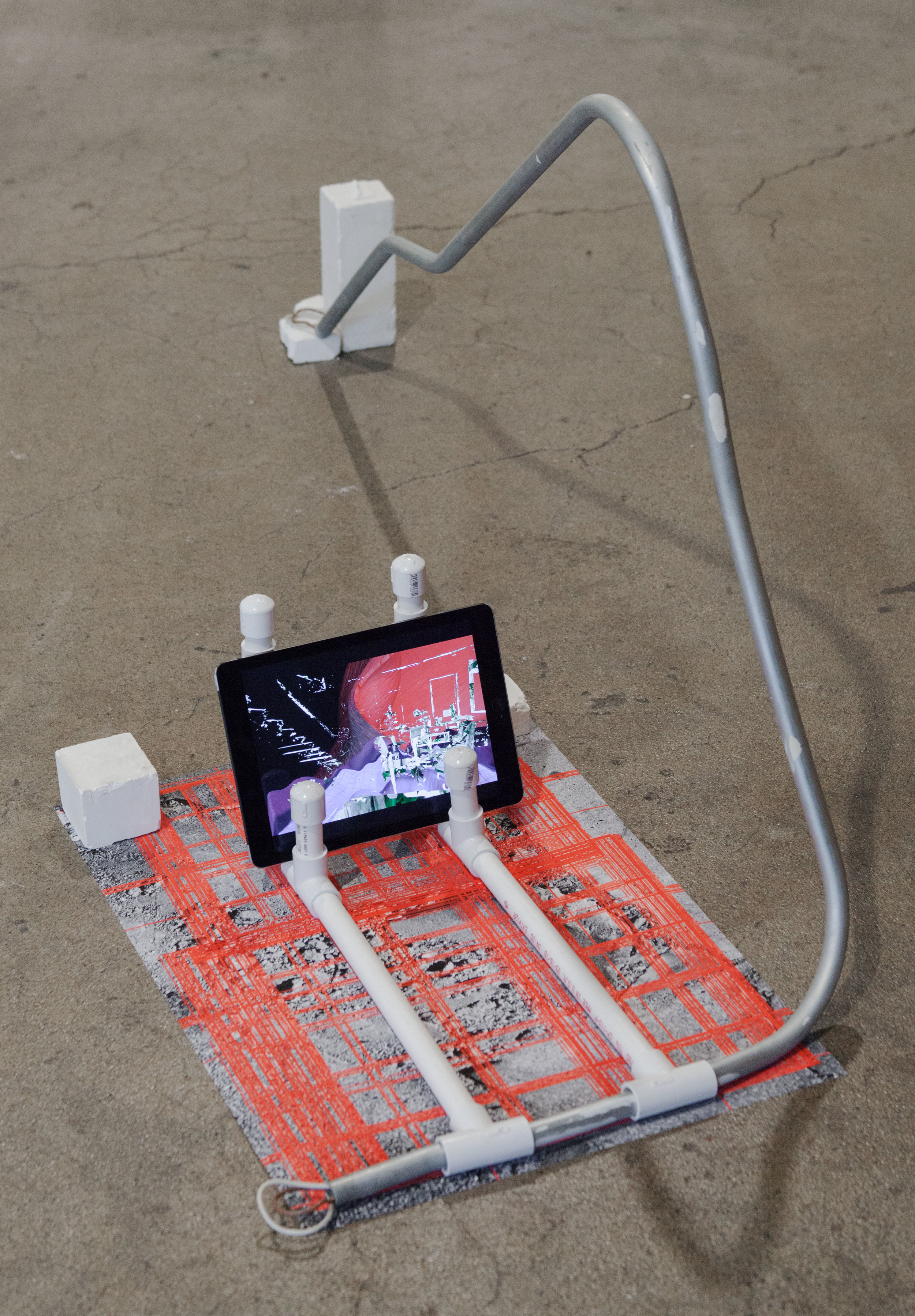 untitled, 2017, video, ipad, metal rod, pvc pipe, archival inkjet print & plaster, Gallery 4Culture, Photo by Max Cleary