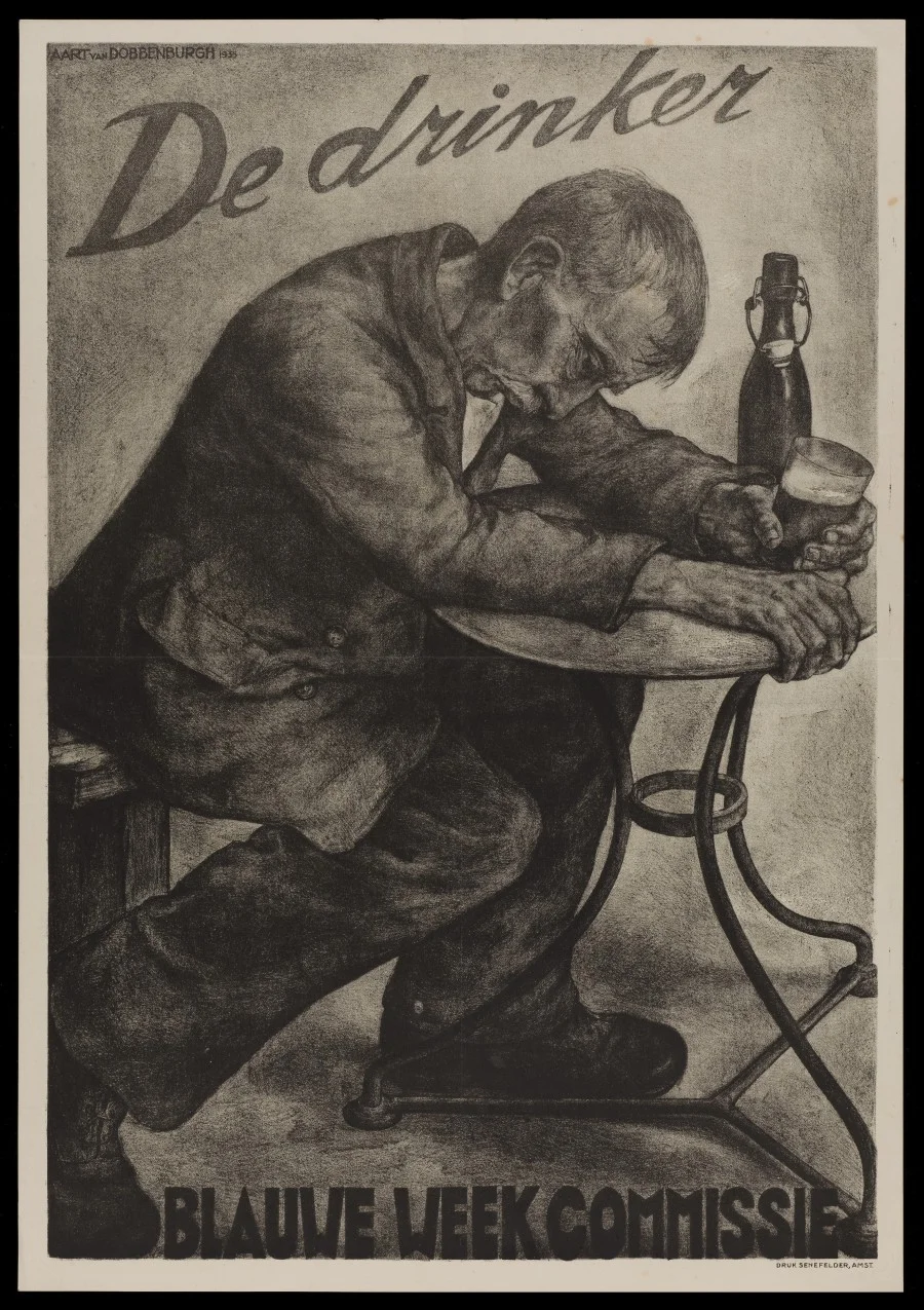 L0048989 An intoxicated man drinking beer; advertising Blauwe Week