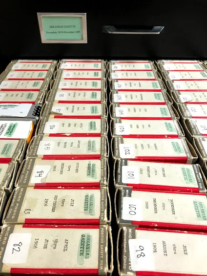 Rows of microfilm at the library