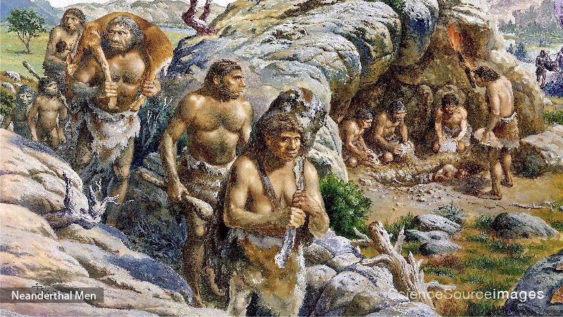 Neanderthal Men, Women and Children. Hunting and with Fire