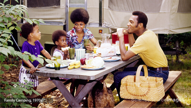 1970S Vintage Photo of a Black Family Camping, Picnic Table