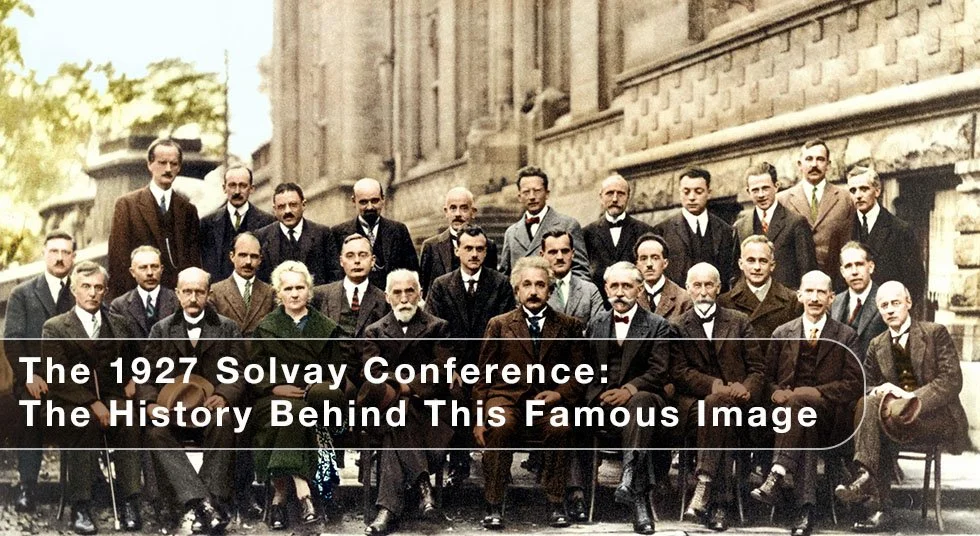 A hand colored version of the original photo of the 1927 Solvay Conference which includes Marie Curie and Albert Einstein