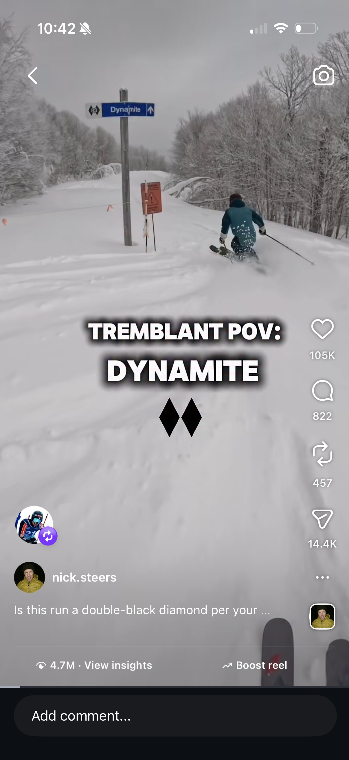 One of Nick’s viral videos with over 4 million views featuring a POV of Dynamite at Mont Tremblant, Quebec.
