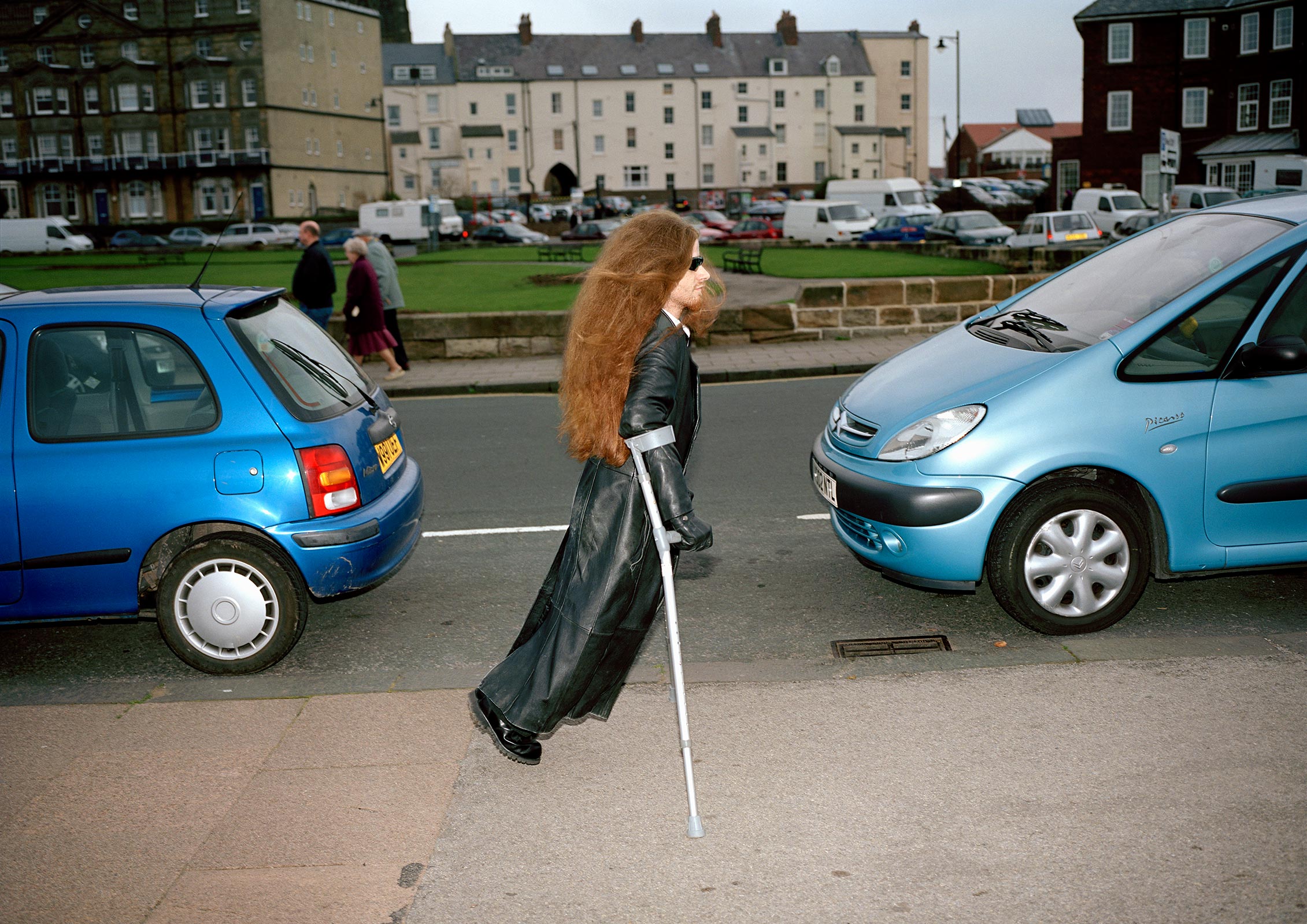 goth man with crutches during Whitby Goth weekend