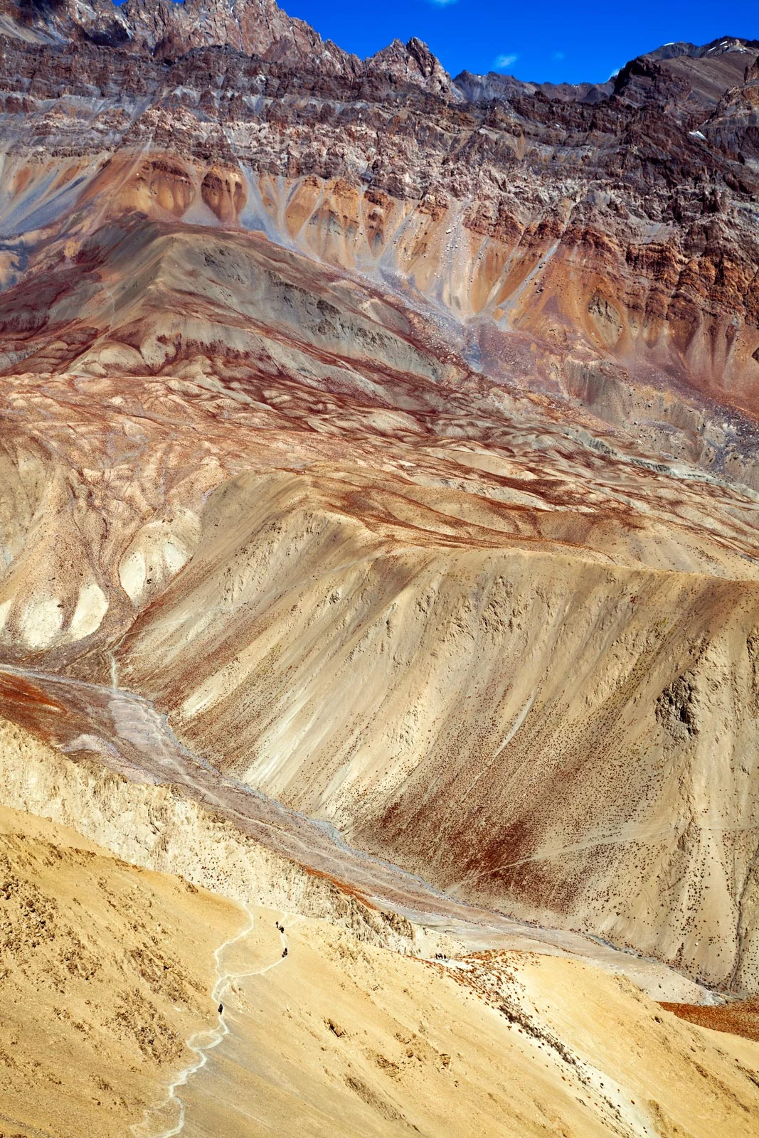 dramatic geological strata high mountain desert trail Zanskar Ladakh