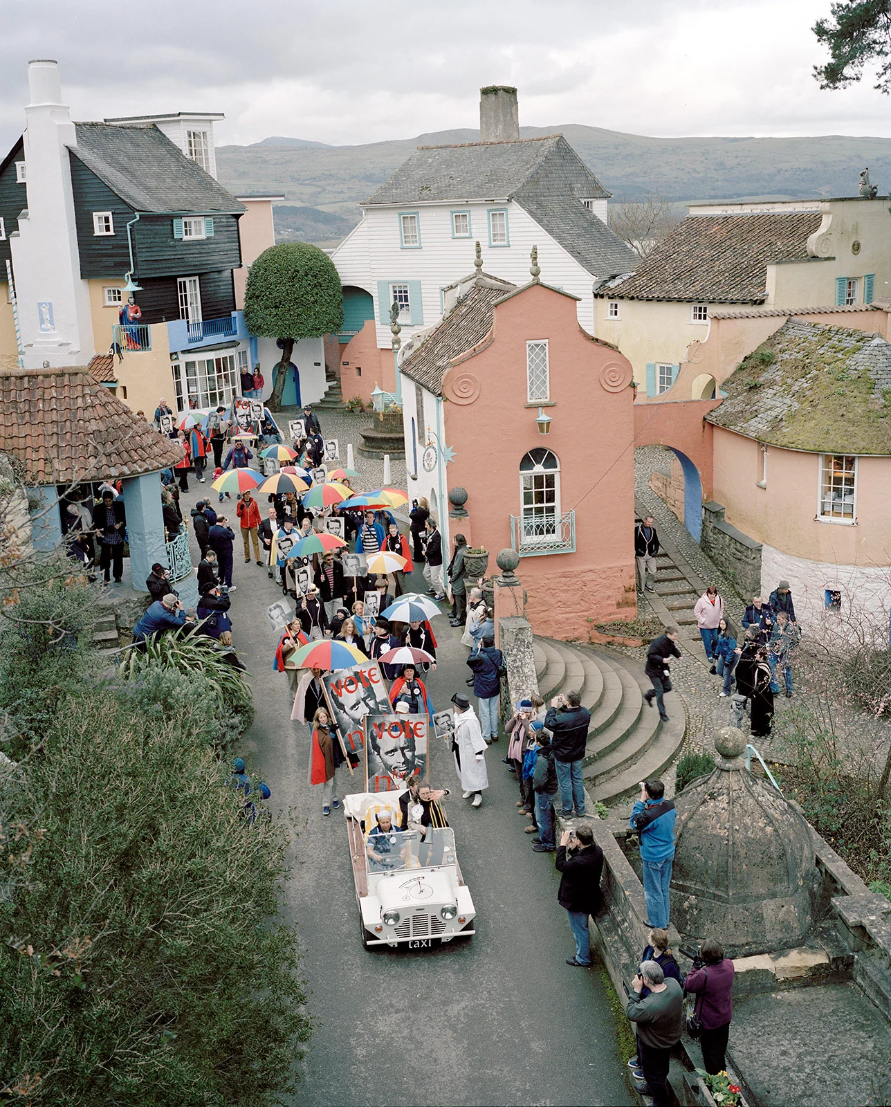 reenactment procession with jeep of the prisoner tv series port merion wales