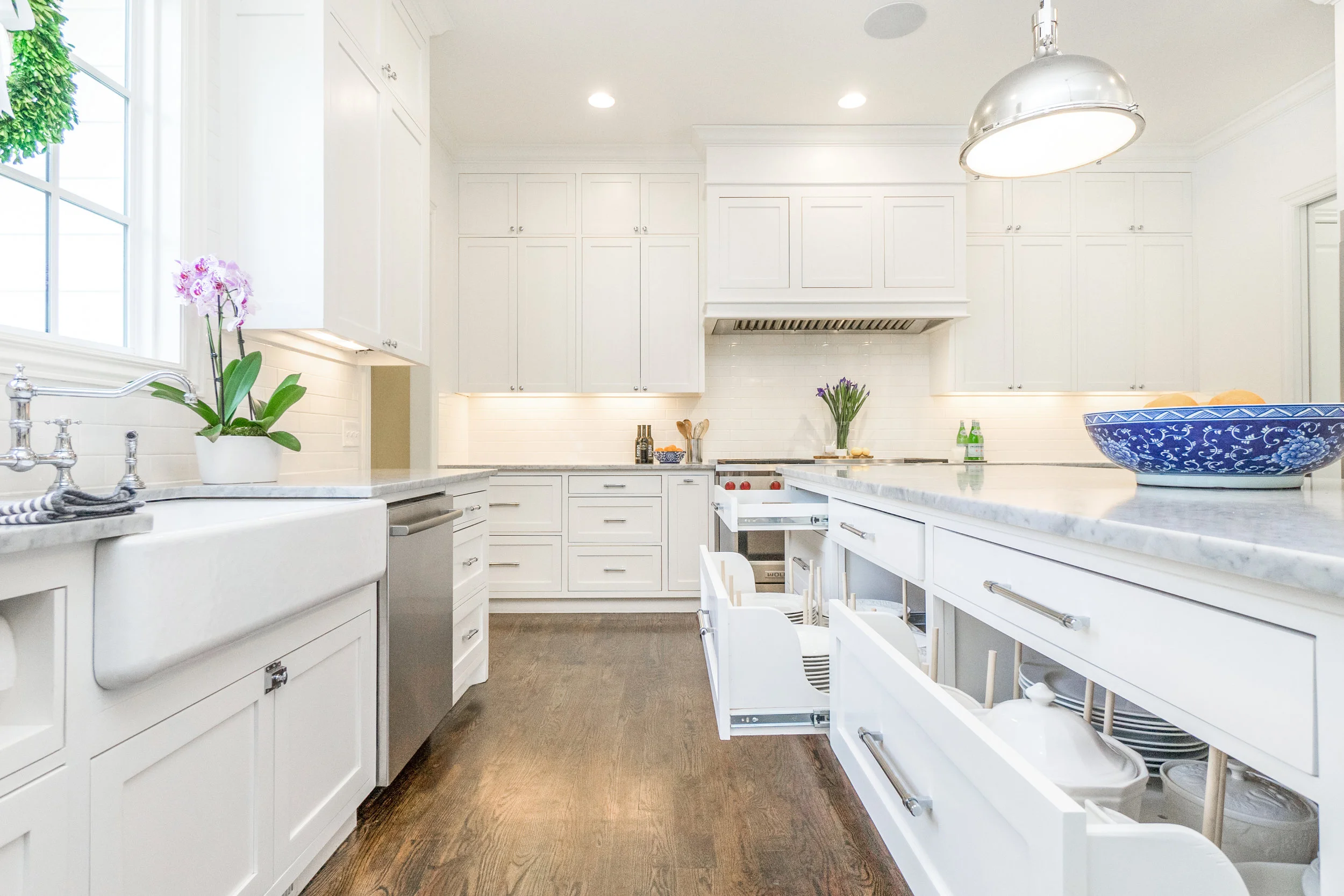 View of kitchen drawer system—easy access and a lot of storage at your fingertips. Even children can access these drawers.