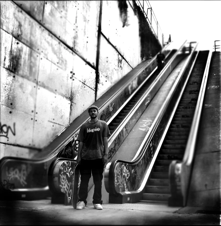 Paul Shier in front of the escalator spot in Barcelona, Spain. Photo by Josh Stewart