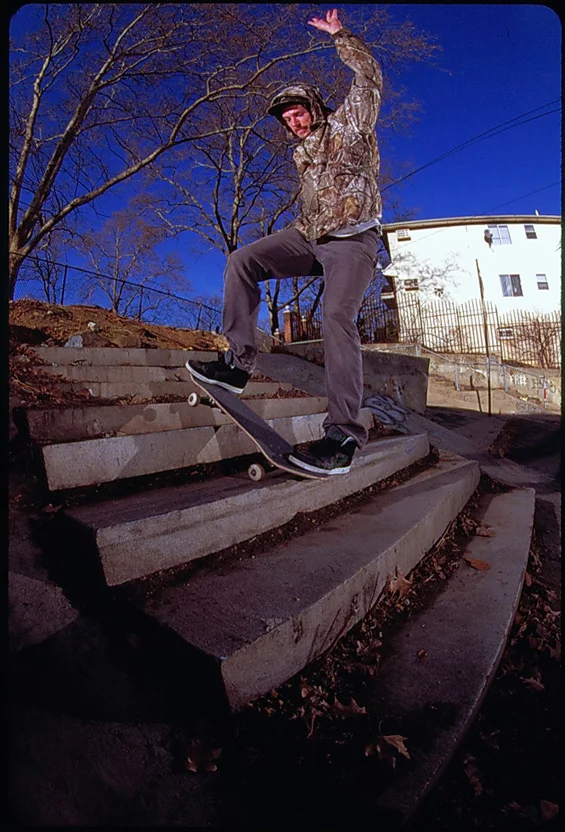 Jerry Mraz went huntin' for spots and ended up bagging this frontside noseblunt across some tricky steps bridging two narrow banks in an eastern New York city neighborhood. Photo by Josh Stewart