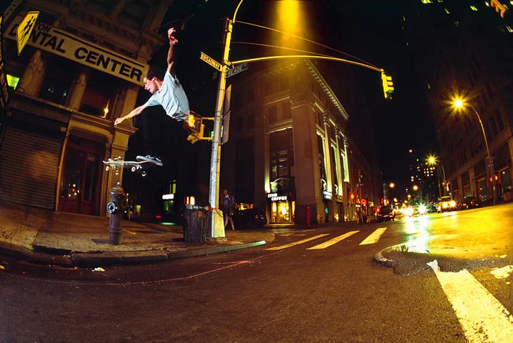 Aaron Szott uses his patented technique of ascending sidewalks by way of the heat bumps created in the asphalt of NY streets by buses and cars coming to a stop in the extreme summer heat. This is an incredible photo which originally ran in Slap Mag. Photo by Allen Ying.