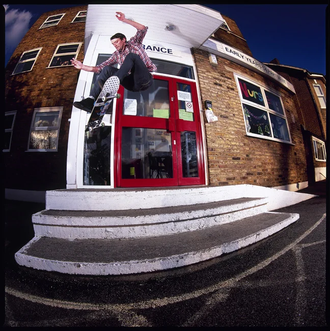 Vaughn Baker 360 flips a bump to flat somewhere in London, England. Photo by Dominic Marley