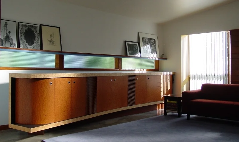  Epicurus, media cabinet, design by Michael Benedikt, madrone burl and Karelian burl, 16' long x 2' deep x 3' tall, 2004 