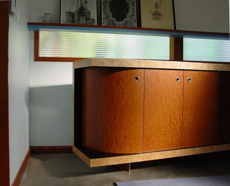  Epicurus, media cabinet, design by Michael Benedikt, madrone burl and Karelian burl, 16' long x 2' deep x 3' tall, 2004 