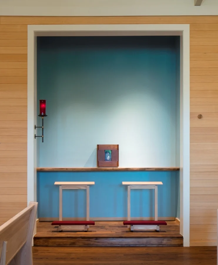 St. Edward's Chapel renovation by Pollen Architects, 2014 Tabernacle made of Texas walnut harvested from St. Edward's campus, with agate stone panel. Kneelers made of white ash. Tabernacle light made by Hawkeye Glenn of steel and bronze.