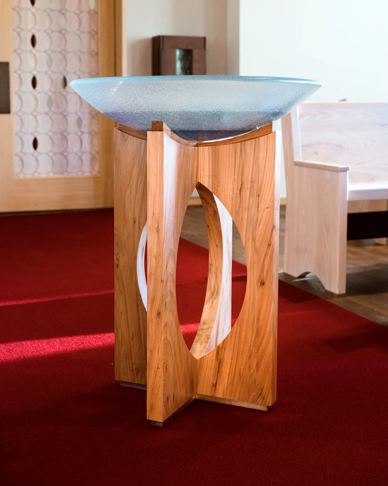St. Edward's Chapel renovation by Pollen Architects, 2014 Baptism font 27" x 27" x 34" h Texas elm with glass vessel by Kathleen Ash at Studio K
