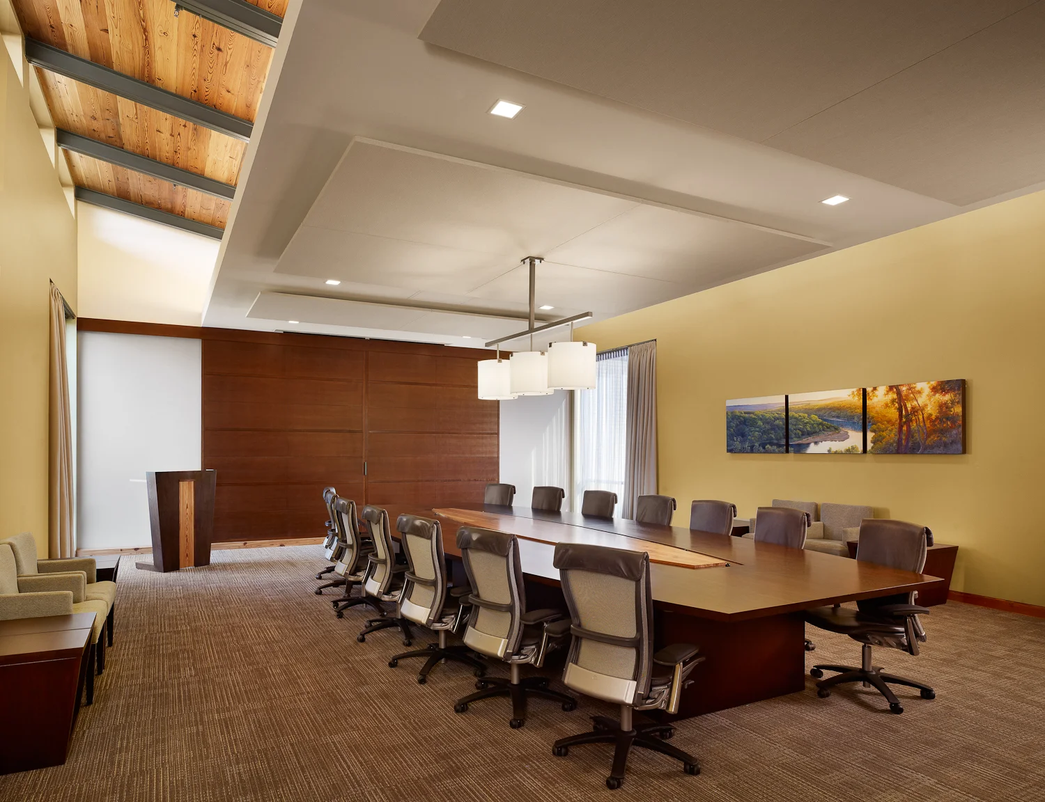  Greater Texas Foundation, Bryan, Texas, 2010  Conference table of walnut and longleaf pine, lectern, and side tables designed by Wendy Dunnam Tita. 