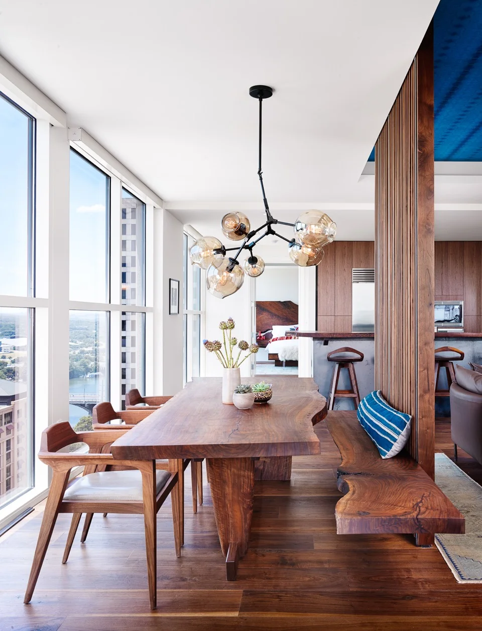 Janes Condo Remodel by Alterstudio, 2015 Dining Table and bench of claro walnut, design in collaboration with Alterstudio. Table 9' l x 3'-4" w x 2'-5" h