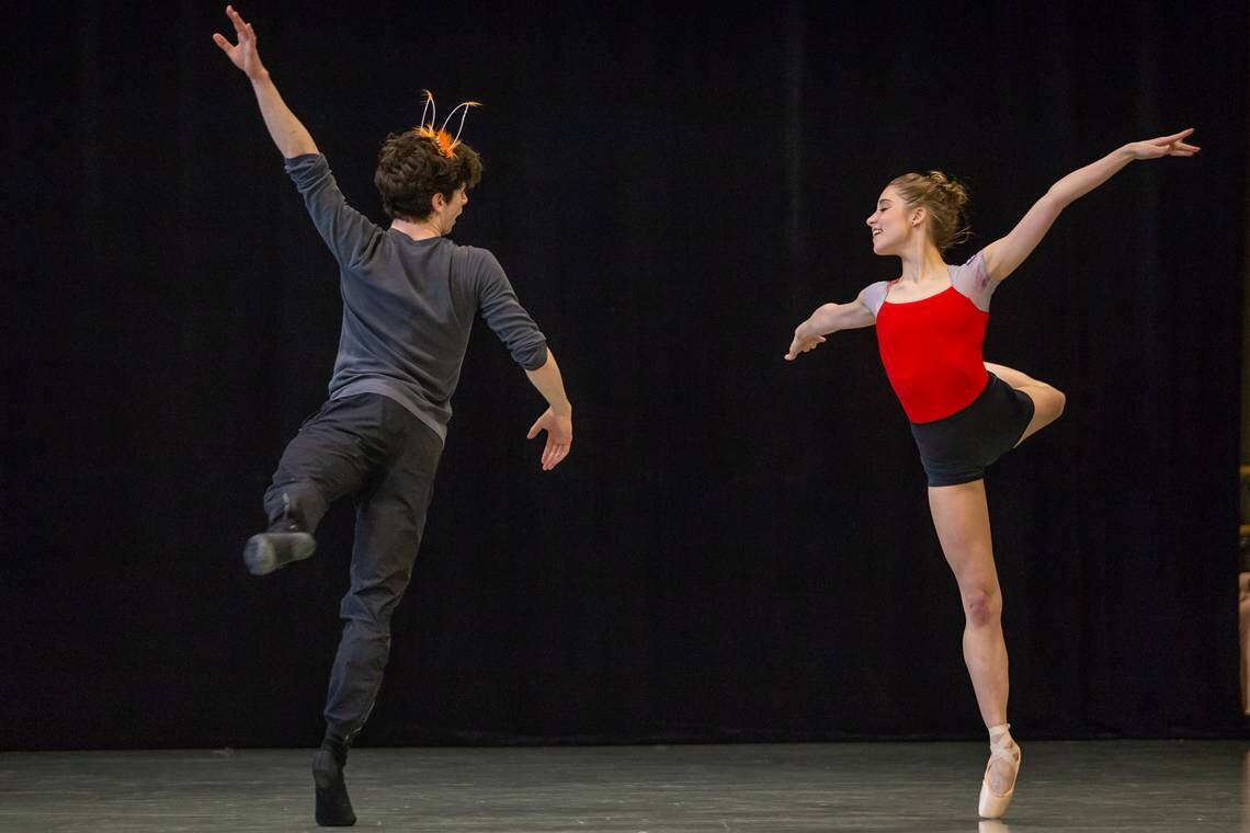 Peter Mazurowski and Karlee Vadalabene-Donley of Charlotte Ballet rehearse for choreographer Stephanie Martinez. Photo by Joshua Komer