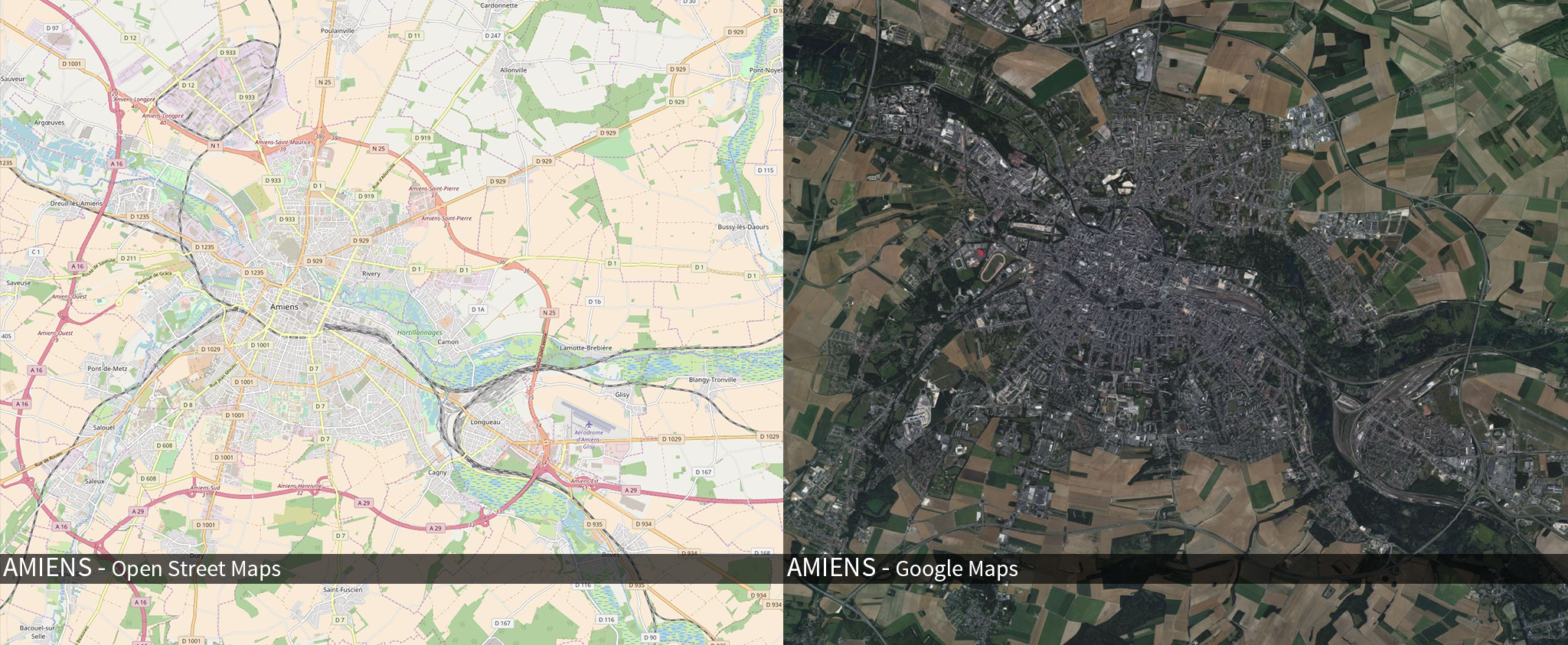 On the left is a browser view of Open Streep Maps (OSM), which can be downloaded as vectorised data. On the right is Googles satellite view of the same area. It shows the kind of textural detail and complexity I would need to create.