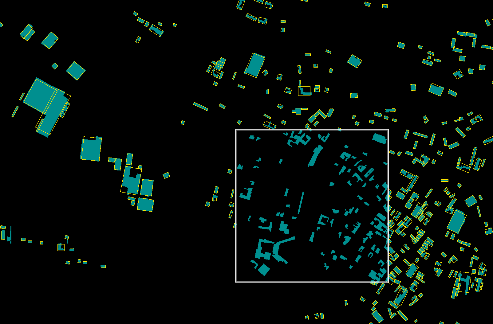 Green shapes are building footprints as they are in Open Street Maps. The yellow boxes are the bounding cubes I generate and align to each building after I've generated a rotation value for the building. 