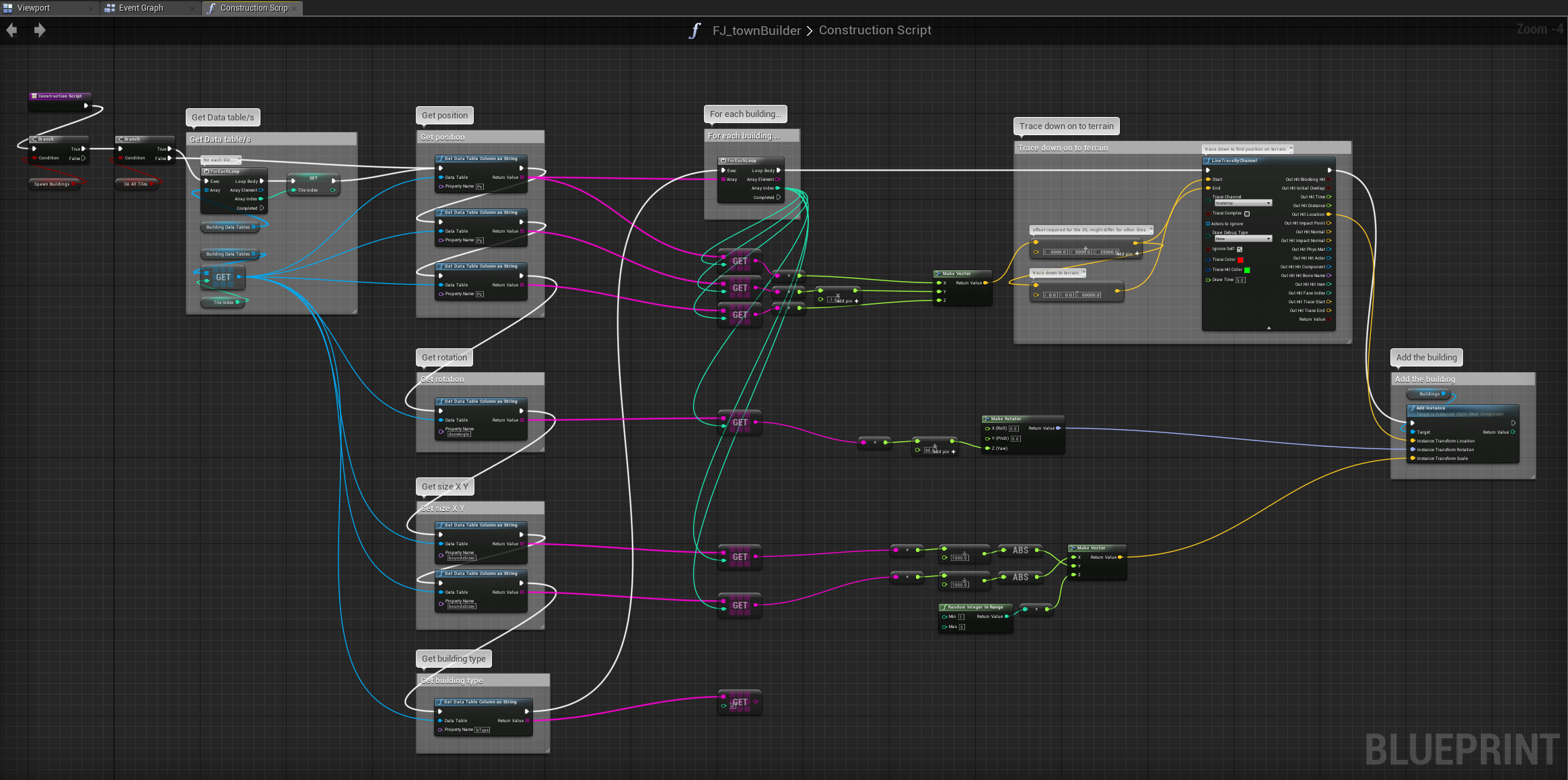 The Unreal Engine blueprint that reads the data tables and spawns each individual building. 