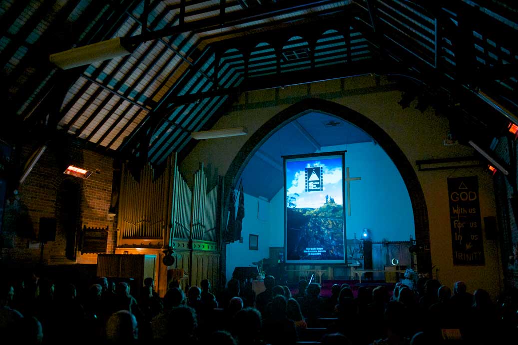The 1st edition of the Vertical Film Festival was projected on a tall screen in St Hilda's Church, Katoomba in Australia's Blue Mountains on 17 October 2014. Photo by Adam Sébire . Download the original (CC BY 3.0 AU).