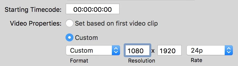 'New Project' settings in FCPX