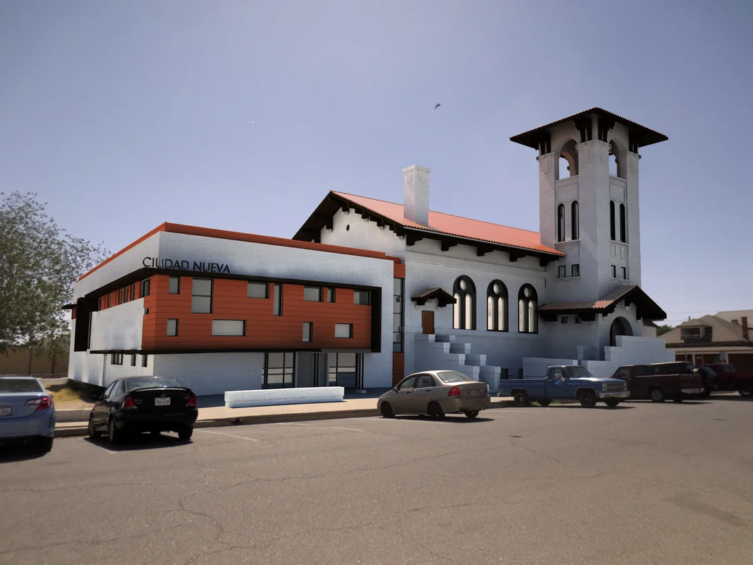 Root Collaborated with In*Situ Architecture on the rehabilitation and adaptive reuse of the historic church structure built in the 1910–1911 in the Rio Grande Historic District of El Paso for reuse by Ciudad Nueva Community Outreach. The original load bearing brick and heavy timber structure was designed by Henry Trost for Westminster Presbyterian Church. Originally, the structure had an attached bell tower, open at the top, heavy stucco walls and red roof tiles. This structure is significant as Trost's last Mission Revival in El Paso. Much of the original design was obscured by renovation efforts following a fire in the mid-20th century. This rehabilitation would restore much of Trost's original vision for the church. This project began with careful documentation of the existing building using 3D Laser Scanning technology — from which a Building Information Model was developed. This adaptive reuse would reprogram the historic structure and an attached addition from the 1970's for use by Ciudad Nueva's educational community outreach programs.