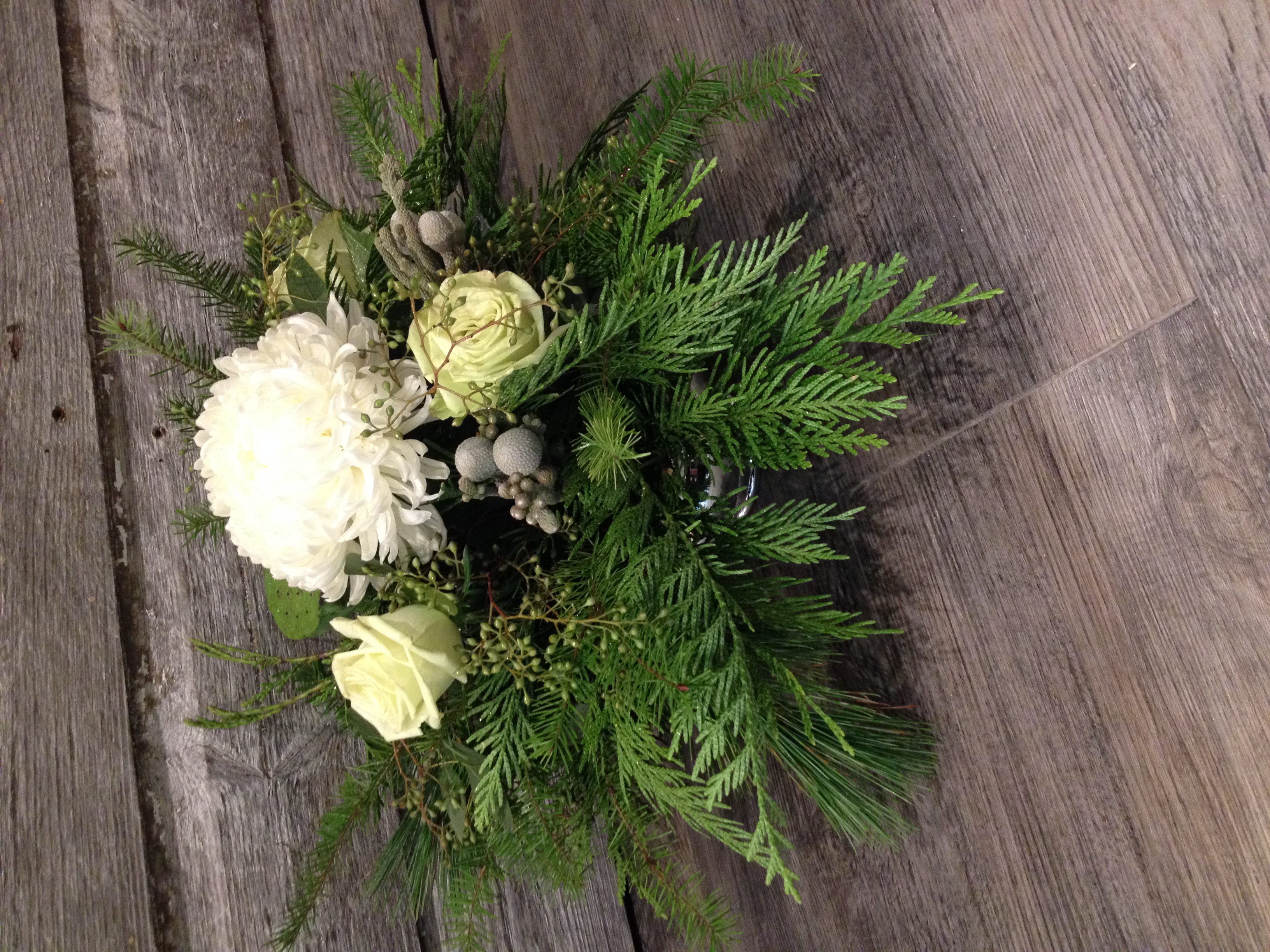 Christmas greens, whites and grey brunia