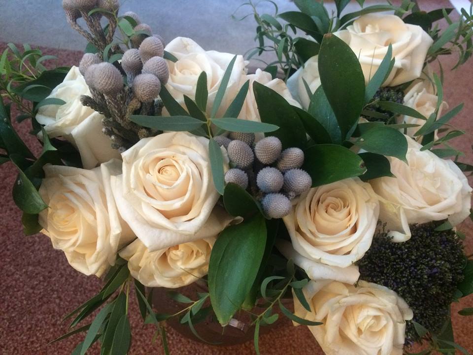 Soft white roses with grey and plum