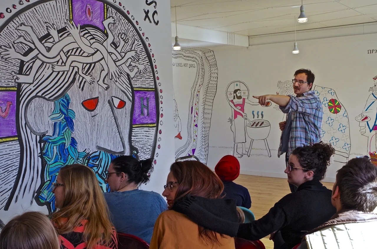Borys gives an artist talk at his 'Sweet Jesus' opening.