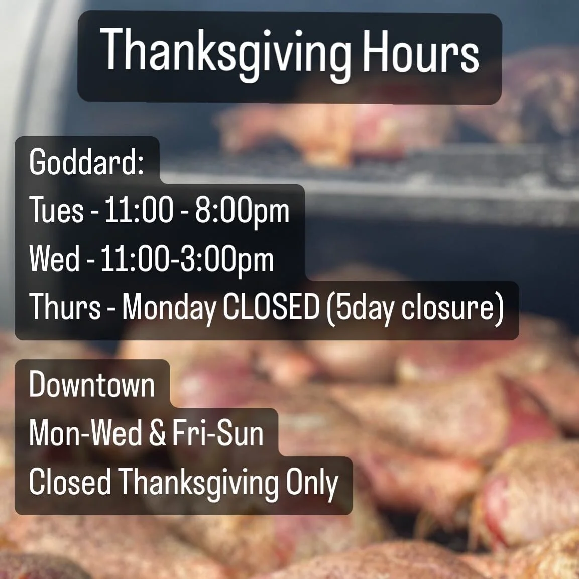 Update for you all with Thanksgiving hours.  Our Goddard location is going to take a decent smoke break and will be closed for 5 days starting on Wed 11/22 at 3:00 through Monday 11/27. 
Downtown at The Warehouse we’ll serving and filling belli