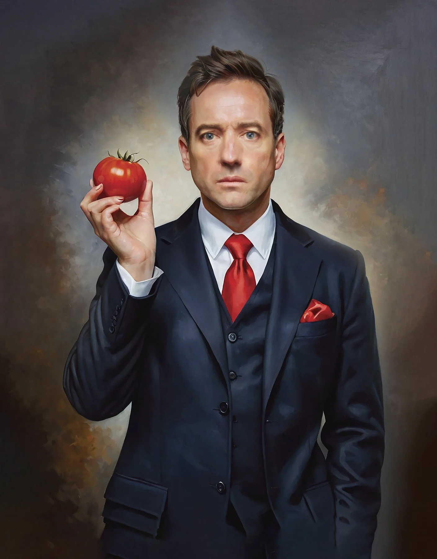   Matthew Macfadyen - Tomato Portrait - Miniature Wife   In this Magritte inspired portrait, Matthew Macfadyen swaps an apple for a tomato. The photograph was enhanced by the graphic designer to look like a painting. 