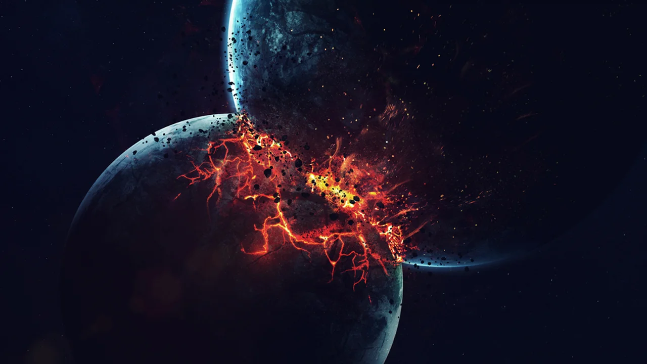 Two colliding planets with a burst of energy, symbolising the contrasting ways INFJ Introverted Intuition (Ni) can operate.