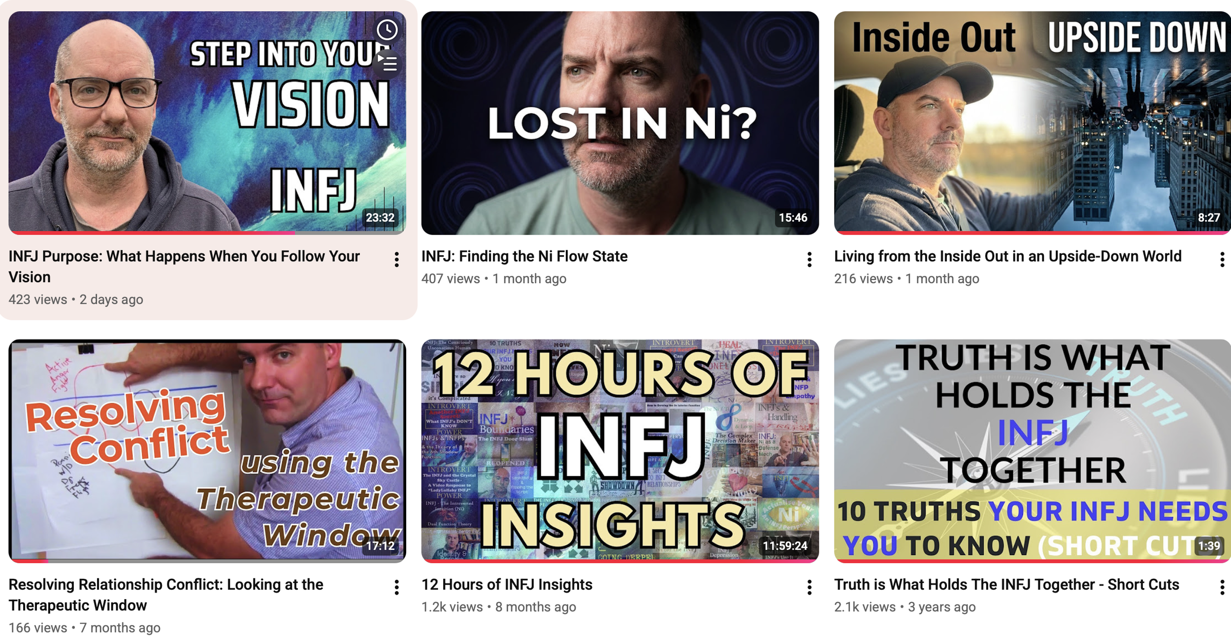 Screenshot of Scott Morgan’s INFJ videos on YouTube, covering INFJ personality, purpose, relationships and personal growth.