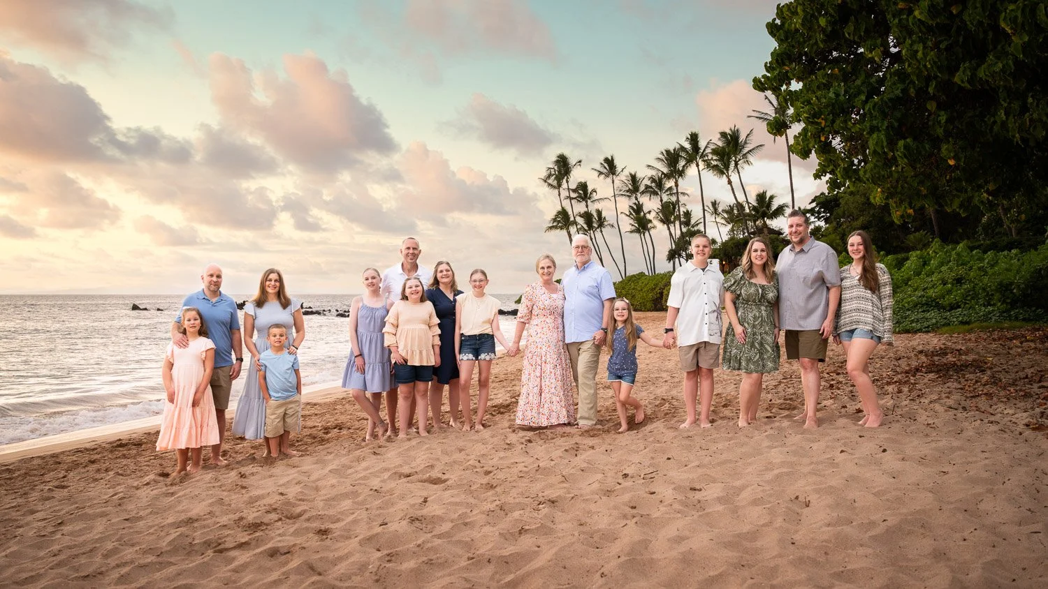 Maui Hawaii Extended Family Destination portraits on beach at sunset